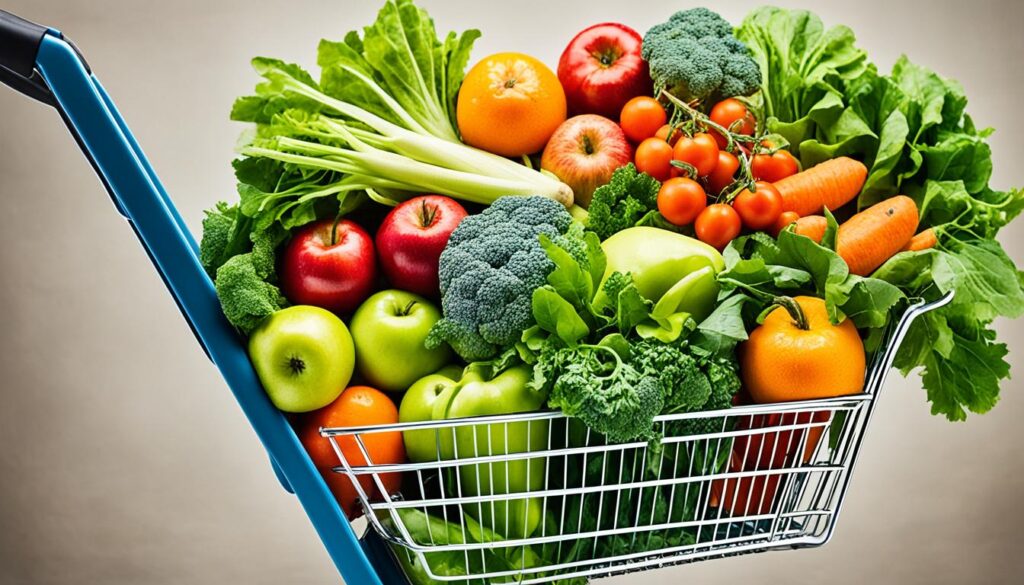 Grocery shopping cart with healthy food items